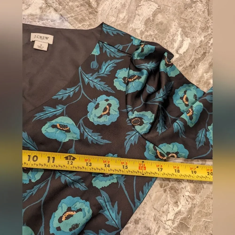 J. Crew Satin back crepe peplum button-front black green floral blouse shirt 2